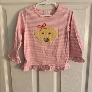 Sticy Pink Striped Long-Sleeve Tee with Puppy Applique